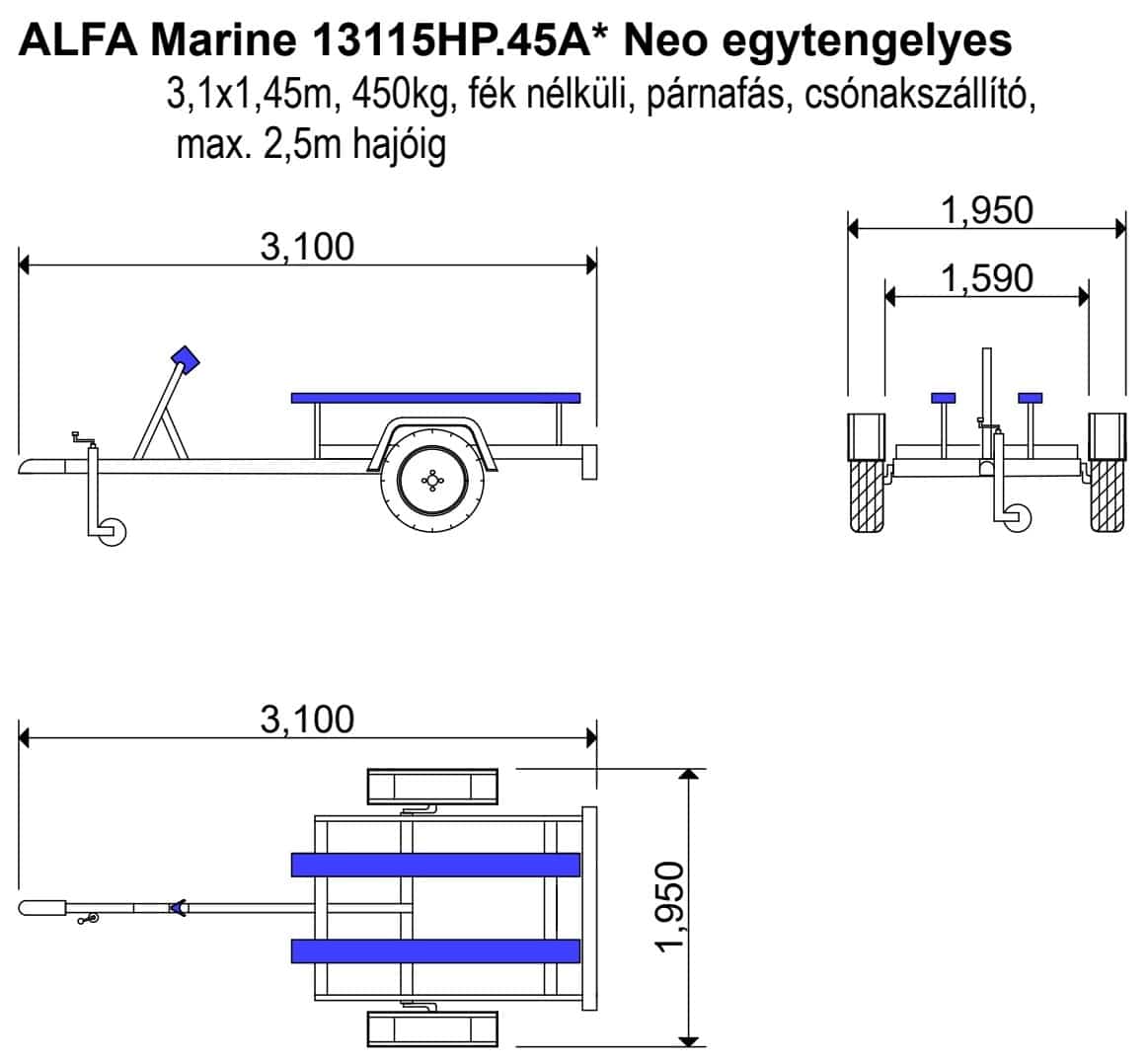 ALFA Marine 13115HP.45A*Neo egytengelyes, 3,1x1,49m, 450kg, fék nélküli, párnafás, csónakszállító max. 2,5m hajóig