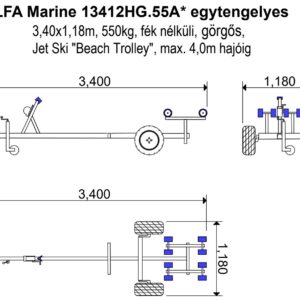 ALFA Marine 13412HG.55 Jet Sky “Beach Trolley”, egytengelyes, 3,40×1,18m, 550kg, fék nélküli, görgős, max 4,0m hajóig