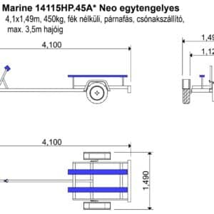 ALFA Marine 14115HP.45*Neo egytengelyes, 4,10 x 1,49m, 450kg, fék nélküli, párnafás, csónakszállító max. 3,5m hajóig