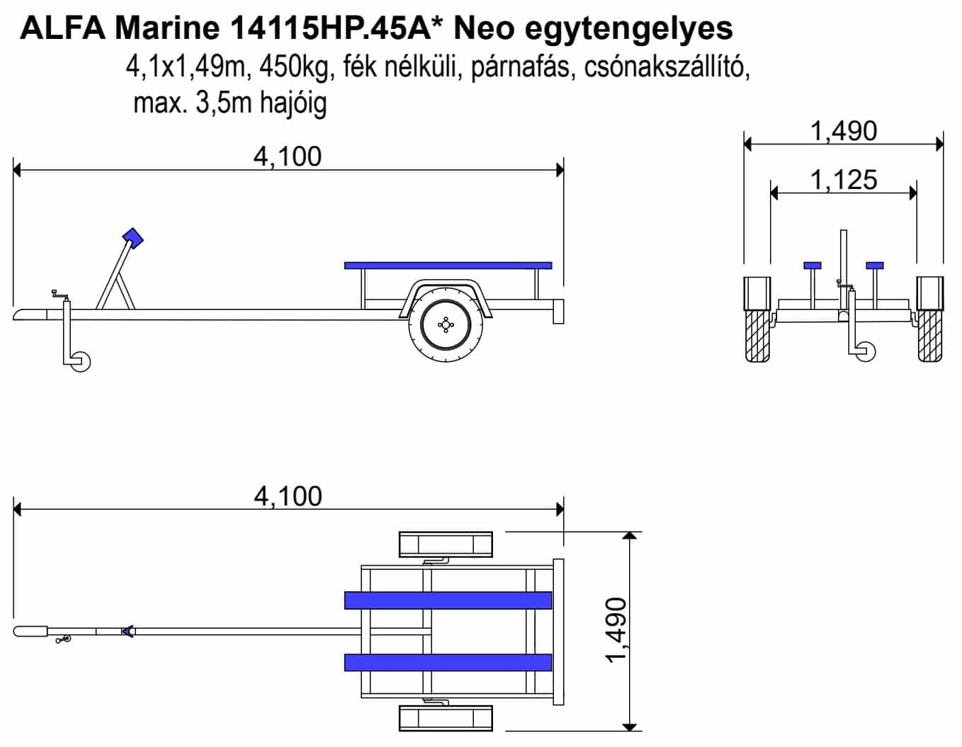 ALFA Marine 14115HP.45*Neo egytengelyes, 4,10 x 1,49m, 450kg, fék nélküli, párnafás, csónakszállító max. 3,5m hajóig