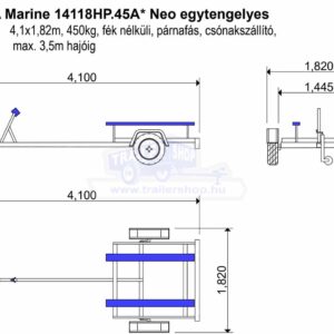 ALFA Marine 14118HP.45*Neo egytengelyes, 4,10 x 1,82m, 450kg, fék nélküli, párnafás, csónakszállító max. 4m hajóig
