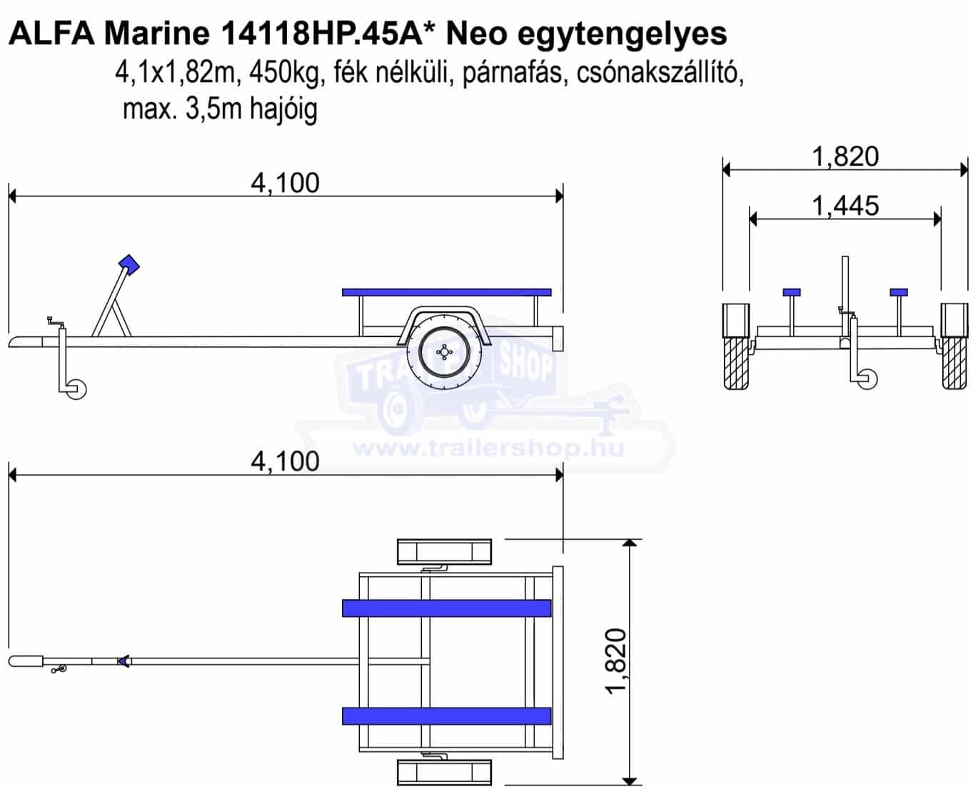 ALFA Marine 14118HP.45*Neo egytengelyes, 4,10 x 1,82m, 450kg, fék nélküli, párnafás, csónakszállító max. 4m hajóig