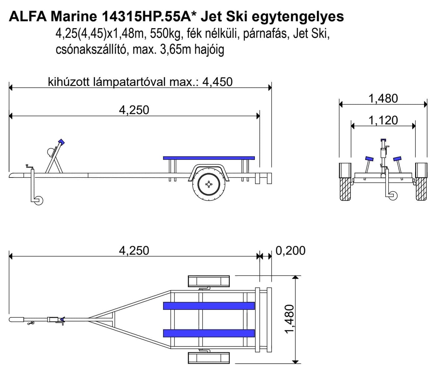 ALFA Marine 14315HP.55A* Jet Ski Egytengelyes, 4,25(4,45) x 1,48m, 550kg, fék nélküli, párnafás, Jet Ski, Csónakszállító, max. 3,65m hajóig