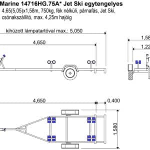 ALFA Marine 14716HG.75A* Jet Ski és kiscsónakszállító Egytengelyes, 4,65(5,05)x1,58m, 750kg, fék nélküli, görgős, Jet Ski, Csónakszállító, max 4,25m hajóig