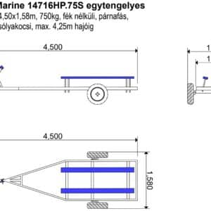 ALFA Marine 14716HP.75S egytengelyes, 4,50x1,58m, 750kg, fék nélküli, párnafás, sólyakocsi, max 4,25m hajóig