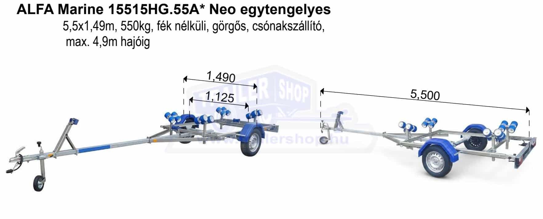 ALFA Marine 15515HG.55A*Neo 5,5x1,49m, 550kg, fék nélküli, görgős, csónakszállító max. 4,9m hajóig
