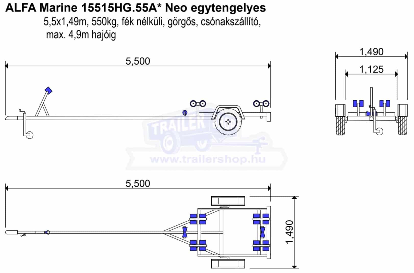 ALFA Marine 15515HG.55A*Neo 5,5x1,49m, 550kg, fék nélküli, görgős, csónakszállító max. 4,9m hajóig