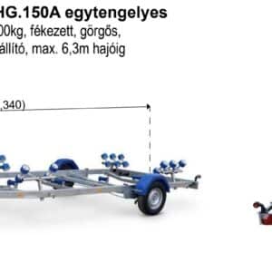 ALFA-B Marine 26325HG.150A* Egytengelyes, 6,34(7,34)x2,45m, 1500kg, fékezett, görgős, csónakszállító, hajószállító, max. 6,3m hajóig