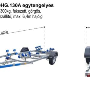 ALFA-B Marine 26420HG.130A Egytengelyes, 6,42(7,42)x1,98m, 1300kg, fékezett, görgős, csónakszállító, hajószállító, max. 6,4m hajóig