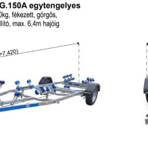 ALFA-B Marine 26420HG.150A Egytengelyes, 6,42(7,42)x1,98m, 1500kg, fékezett, görgős, csónakszállító, hajószállító, max. 6,4m hajóig