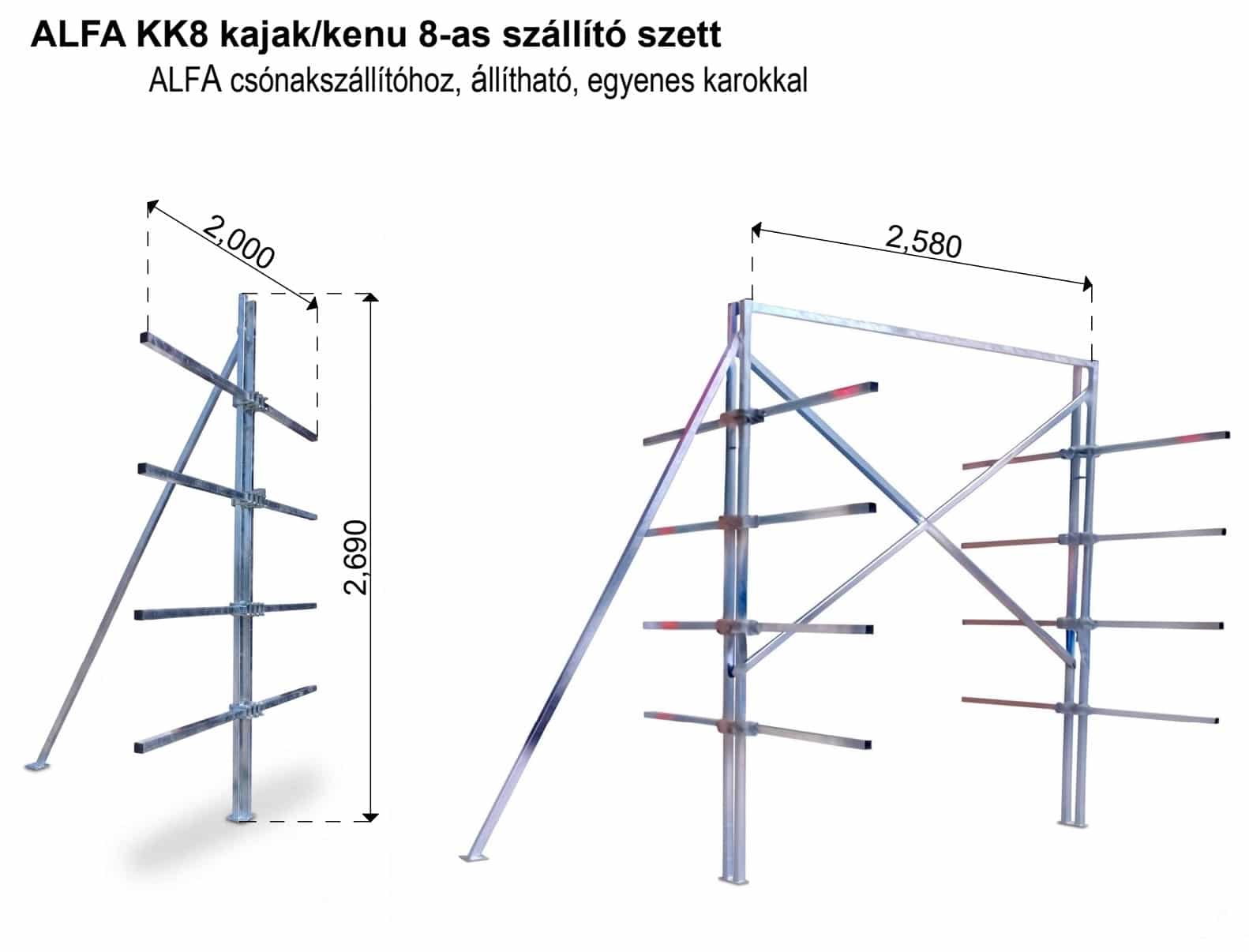 ALFA KK8 kajak/kenu 8-as szállító szett ALFA csónakszállítóhoz, állítható, egyenes karokkal - Image 2