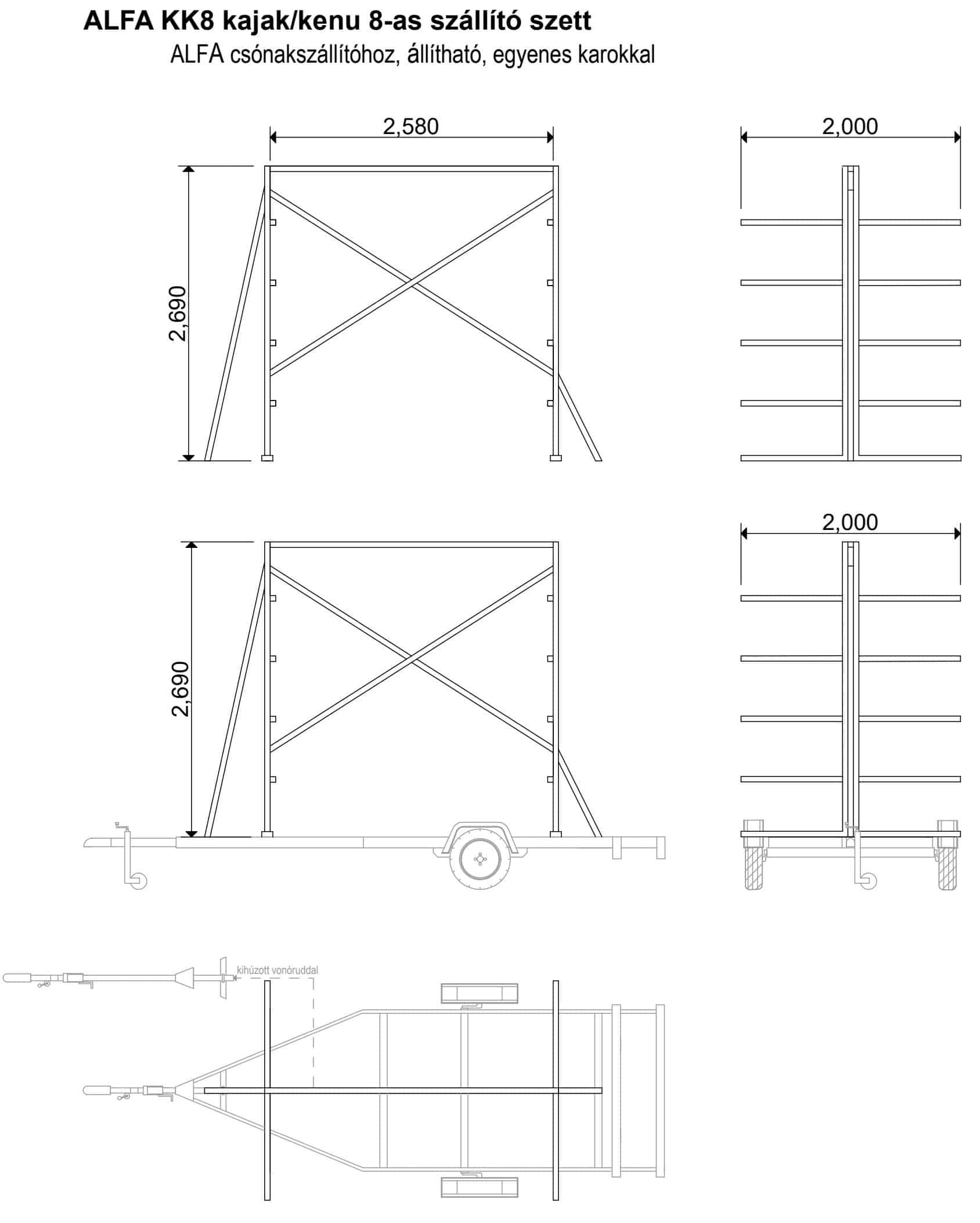 ALFA KK8 kajak/kenu 8-as szállító szett ALFA csónakszállítóhoz, állítható, egyenes karokkal - Image 4