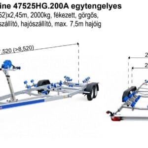ALFA-T Marine 47525HG.200A* Kéttengelyes, 7,52(8,52)x2,45m, 2000kg, fékezett, görgős, csónakszállító, hajószállító, max. 7,5m hajóig