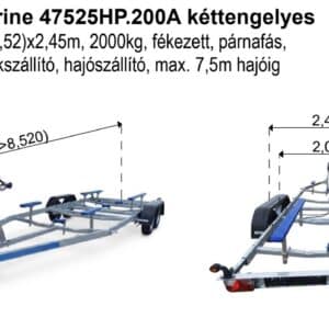 ALFA-T Marine 47525HP.200A* Kéttengelyes, 7,52x2,45m, 2000kg, fékezett, párnafás, csónakszállító, hajószállító, max. 7,5m hajóig