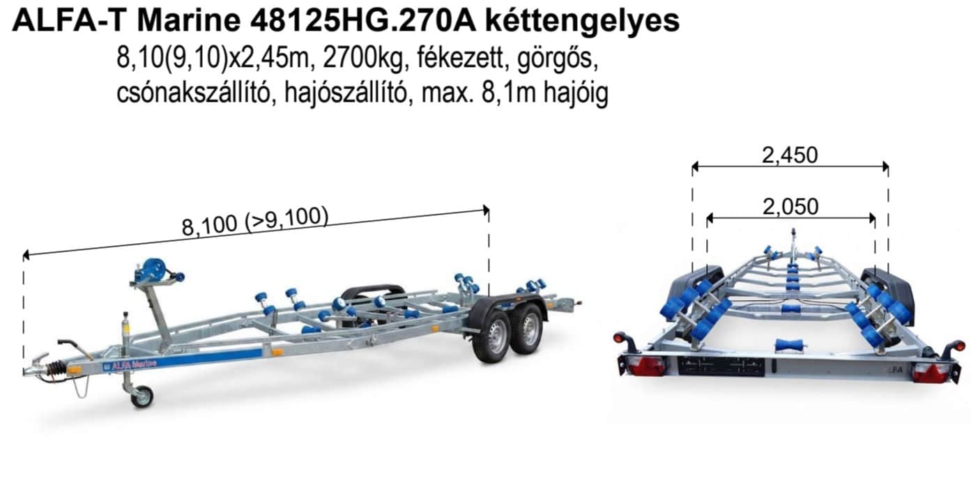 ALFA-T Marine 48125HG.270A Kéttengelyes, 8,1(9,1)x2,45m, 2700kg, fékezett, görgős, csónakszállító, hajószállító, max. 8,1m hajóig