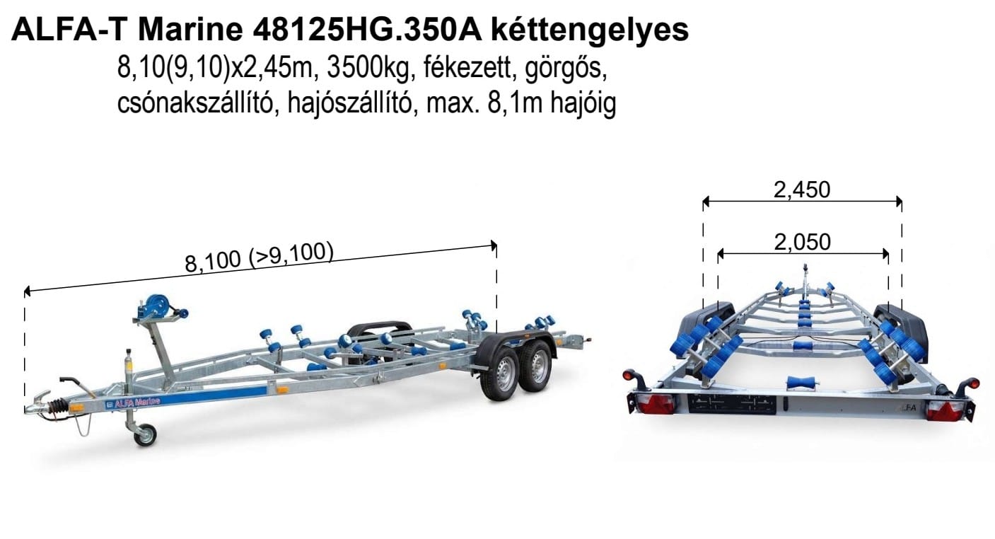 ALFA-T Marine 48125HG.350A Kéttengelyes, 8,1(9,1)x2,45m, 3500kg, fékezett, görgős, csónakszállító, hajószállító, max. 8,1m hajóig - Image 2