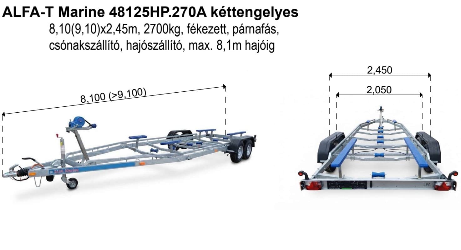 ALFA-T Marine 48125HP.270A Kéttengelyes, 8,1(9,1)x2,45m, 2700kg, fékezett, párnafás, csónakszállító, hajószállító, max. 8,1m hajóig - Image 2