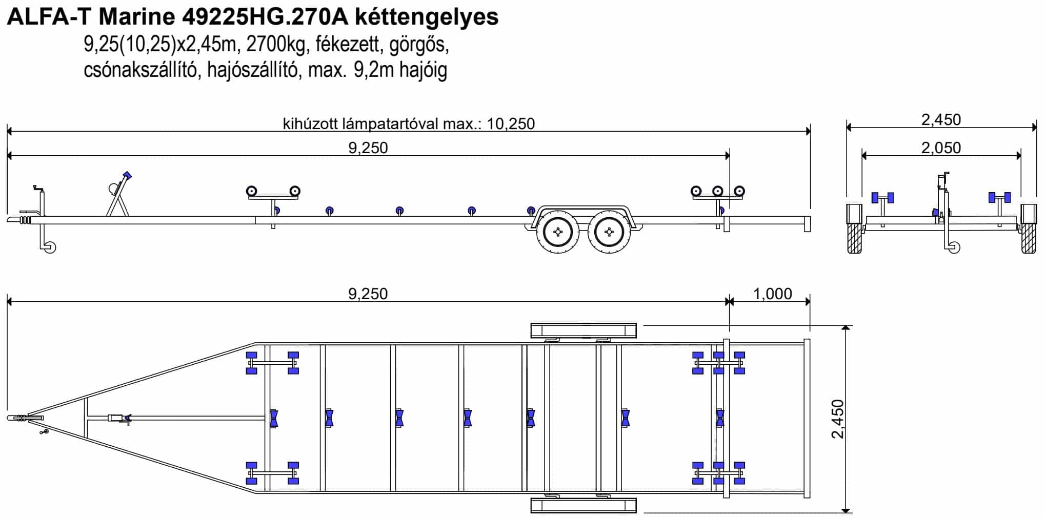 ALFA-T Marine 49225HG.270A Kéttengelyes, 9,25(10,25)x2,45m, 2700kg, fékezett, görgős, csónakszállító, hajószállító, max. 9,2m hajóig - Image 4