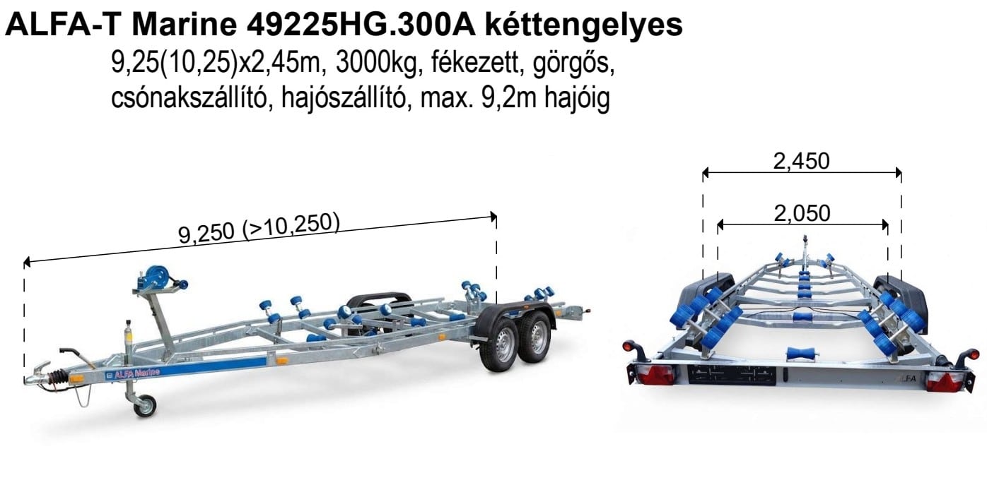 ALFA-T Marine 49225HG.300A Kéttengelyes, 9,25(10,25)x2,45m, 3000kg, fékezett, görgős, csónakszállító, hajószállító, max. 9,2m hajóig - Image 2