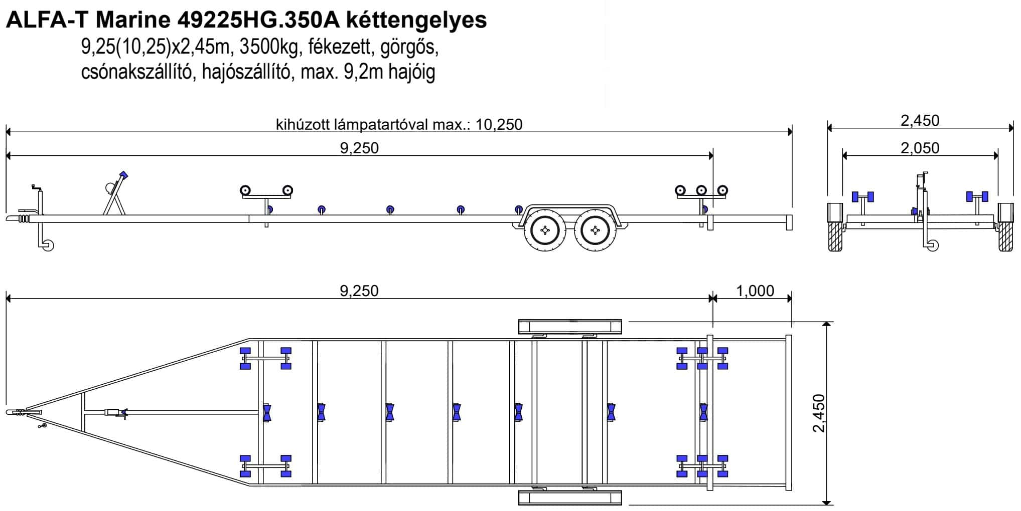 ALFA-T Marine 49225HG.350A Kéttengelyes, 9,25(10,25)x2,45m, 3500kg, fékezett, görgős, csónakszállító, hajószállító, max. 9,2m hajóig - Image 4