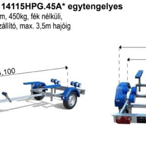 ALFA Marine 14115HPG.45A*, egytengelyes, 4,10 x 1,49m, 450kg, fék nélküli csónakszállító max. 3,5m hajóig