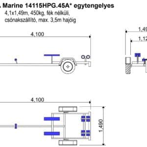 ALFA Marine 14115HPG.45A*, egytengelyes, 4,10 x 1,49m, 450kg, fék nélküli csónakszállító max. 3,5m hajóig